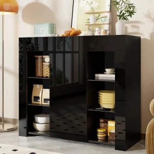 Glanzend zwart dressoir – Dressoir met 1 deur en 6 open opbergvakken – glazen planken en deuren