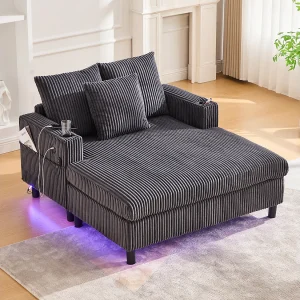 Grijze 1-zitsbank – Relaxfauteuil met bekerhouders aan de zijkant en USB-oplaadpoort – LED-sfeerverlichting Grijze 1-zitsbank – Relaxfauteuil met bekerhouders aan de zijkant en USB-oplaadpoort – LED-sfeerverlichting