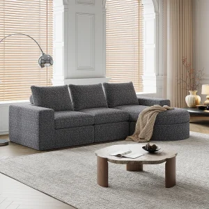 Grijze hoekbank – 3-zitsbank met 3 kussens en 2 hoofdsteunen – chenille