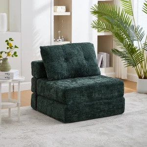 Groene 1-zitsbank – Opklapbare bank met rugleuning en kussens – chenille Groene 1-zitsbank – Opklapbare bank met rugleuning en kussens – chenille