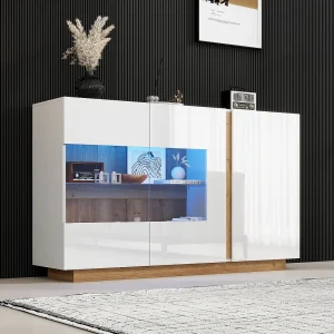 Glanzend wit dressoir – 3-deurs ladekast met LED-verlichting – houten onderstel