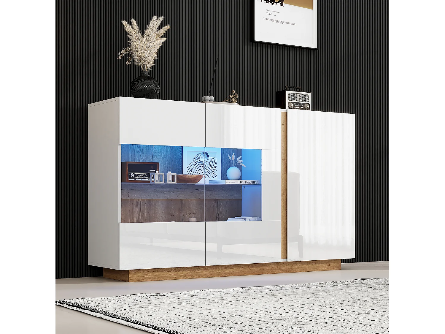 Glanzend wit dressoir - 3-deurs ladekast met LED-verlichting - houten onderstel