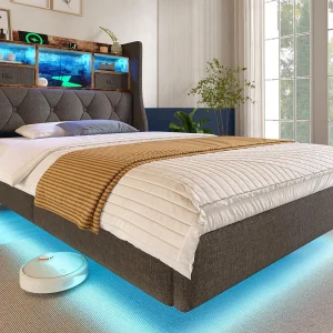 Gestoopt volwassen bed 90x200cm – met LED-verlichting – met 1 Type-C-poort en 3 USB-poorten – hoofdeinde met opbergruimte – linnen – Grijs Gestoopt volwassen bed 90x200cm – met LED-verlichting – met 1 Type-C-poort en 3 USB-poorten – hoofdeinde met opbergruimte – linnen – Grijs