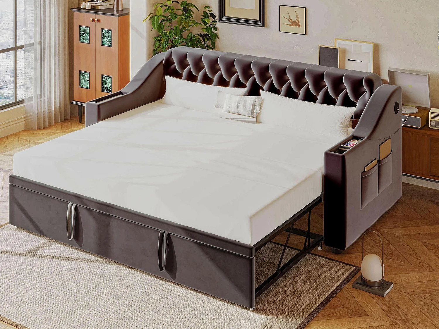 Gestoopt slaapbank 90x190 cm - met USB-poort - met opbergzak - fluweel stof - donkergrijs