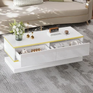 Glanzende salontafel met 2 opbergladen, wit en goudkleurig – Voor woonkamer