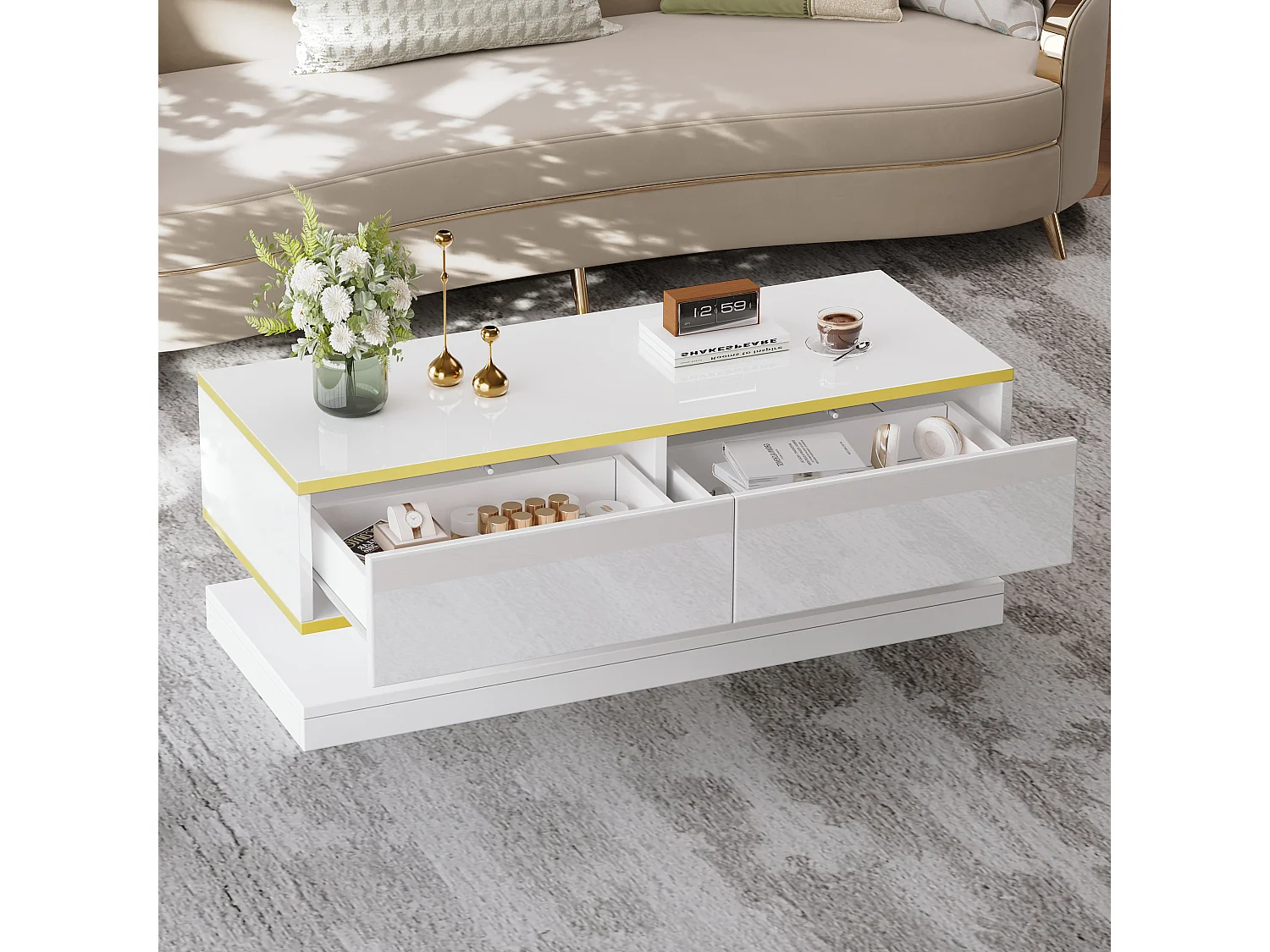 Glanzende salontafel met 2 opbergladen, wit en goudkleurig - Voor woonkamer