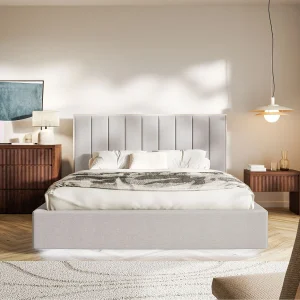 Gestoffeerd bed 140×200 – chenille – bedbox en LED – grijs – TOGENTS Gestoffeerd bed 140×200 – chenille – bedbox en LED – grijs – TOGENTS