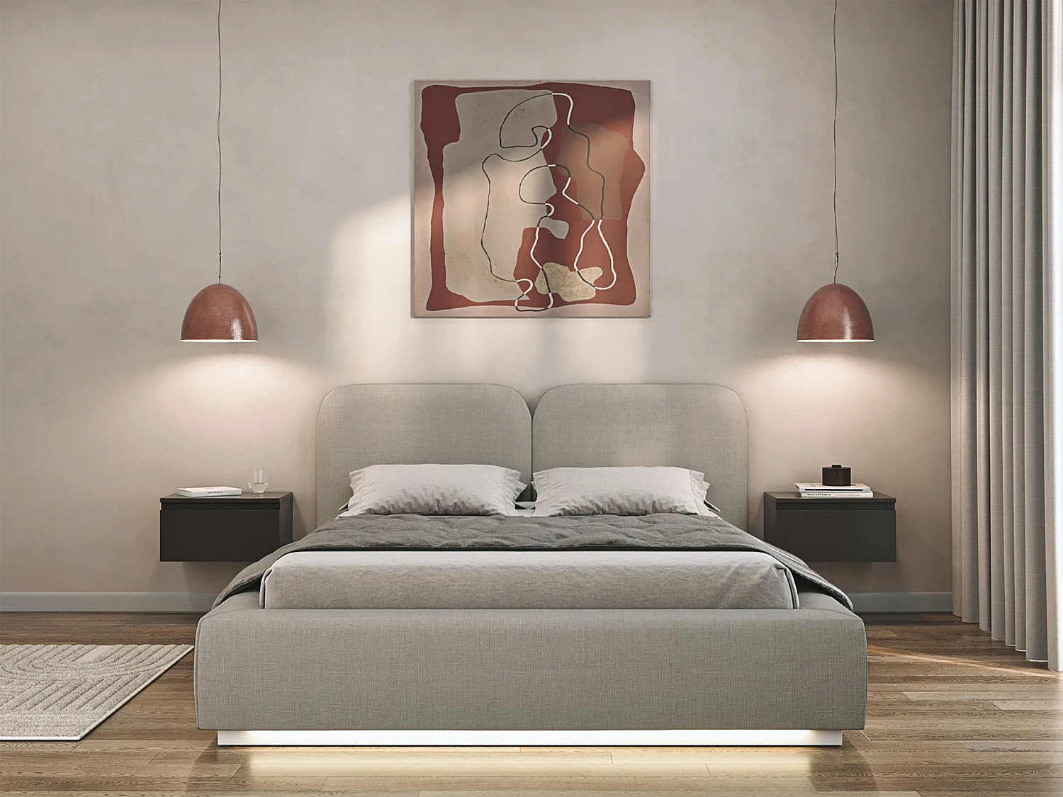Gestoffeerd bed 140x200 met chenille bekleding – LED, bedbox en lattenbodem – Donkerbeige – COMOVES