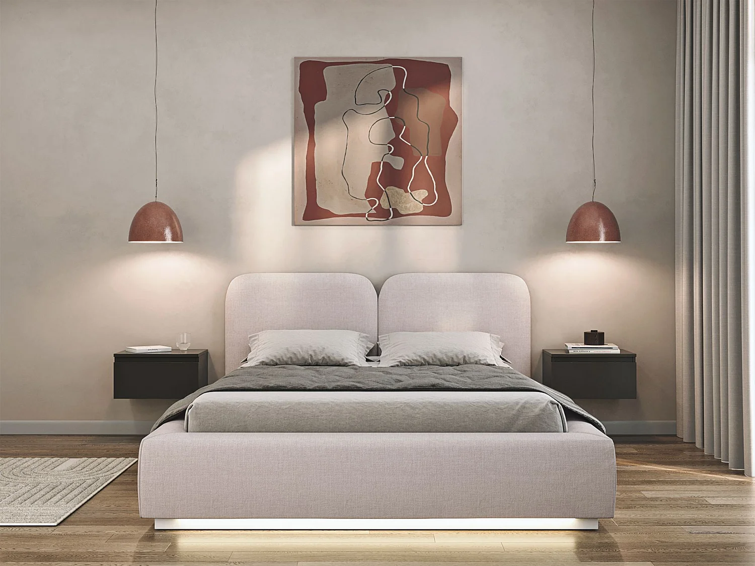 Gestoffeerd bed 140x200 met chenille bekleding – LED, bedbox en lattenbodem – Lichtbeige – COMOVES