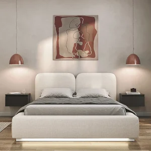 Gestoffeerd bed 140×200 met chenille bekleding – LED, bedbox en lattenbodem – Crème – COMOVES Gestoffeerd bed 140×200 met chenille bekleding – LED, bedbox en lattenbodem – Crème – COMOVES