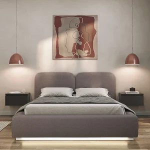 Gestoffeerd bed 160×200 met chenille bekleding – LED, bedbox en lattenbodem – Bruin – COMOVES