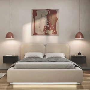 Gestoffeerd bed 160×200 met velours bekleding – LED, bedbox en lattenbodem – Lichtbeige – COMOVES