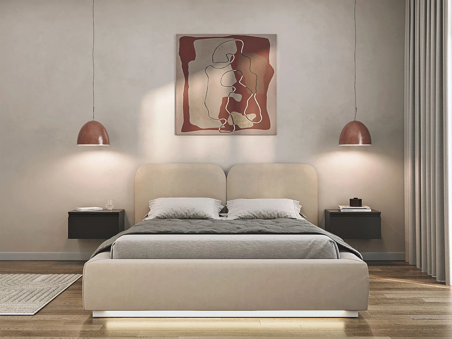 Gestoffeerd bed 140x200 met velours bekleding – LED, bedbox en lattenbodem – Lichtbeige – COMOVES