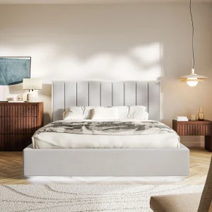 Gestoffeerd bed 140×200 – velours – bedbox en LED – lichtgrijs – TOGENTS Gestoffeerd bed 140×200 – velours – bedbox en LED – lichtgrijs – TOGENTS