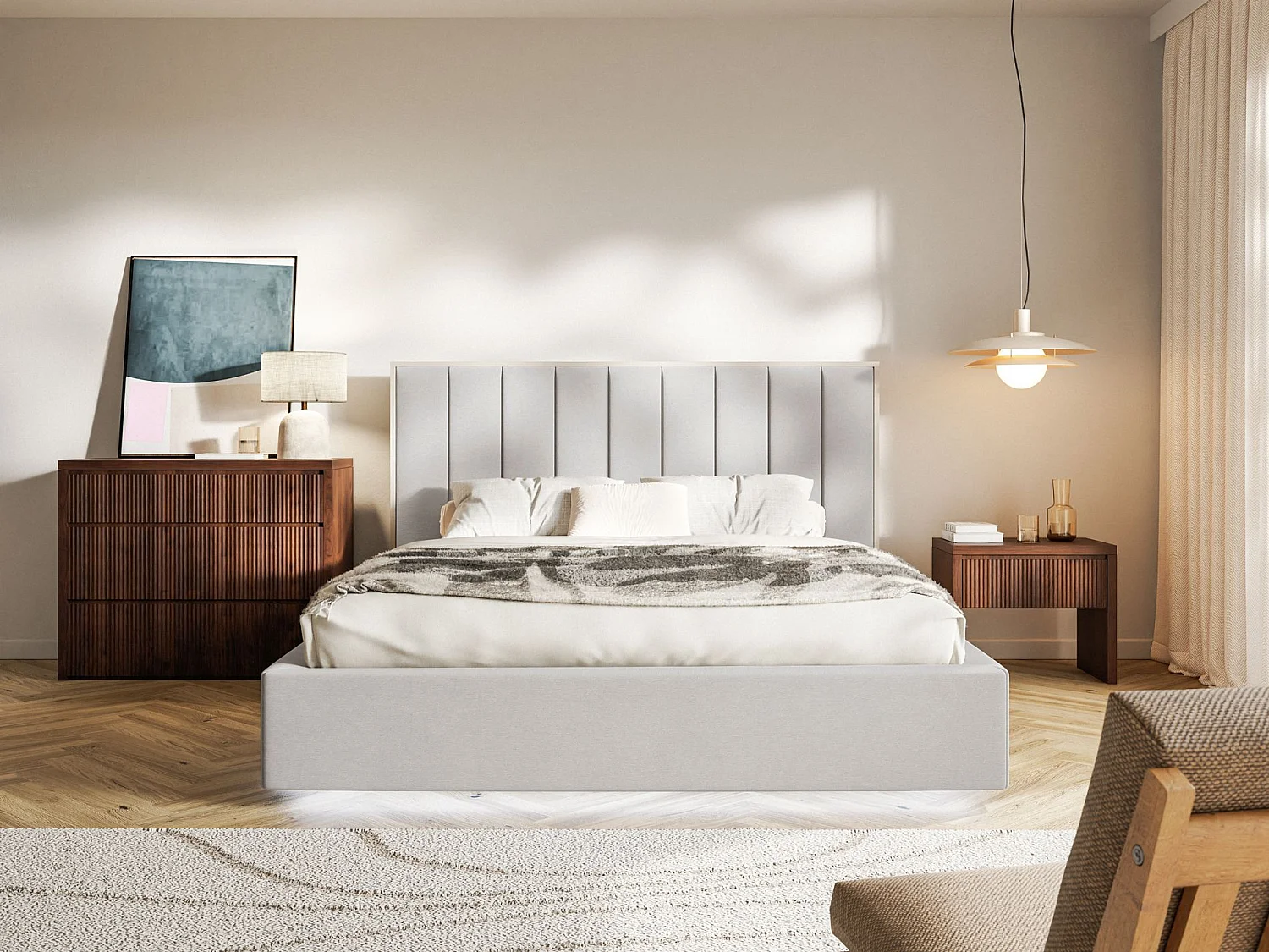 Gestoffeerd bed 140x200 - velours - bedbox en LED - lichtgrijs - TOGENTS
