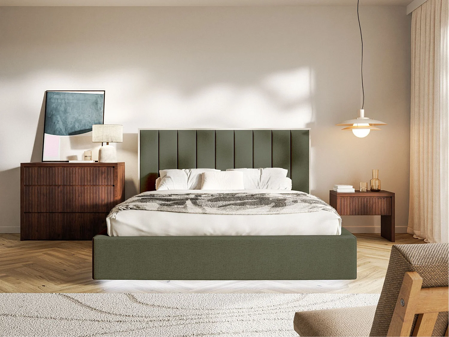 Gestoffeerd bed 140x200 - chenille - bedbox en LED - donkergroen - TOGENTS