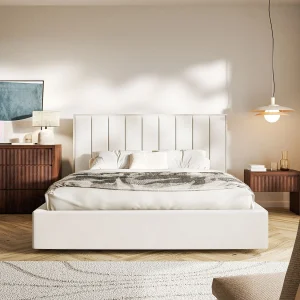 Gestoffeerd bed 160×200 – velours en bedbox – crème – TOGENTS Gestoffeerd bed 160×200 – velours en bedbox – crème – TOGENTS