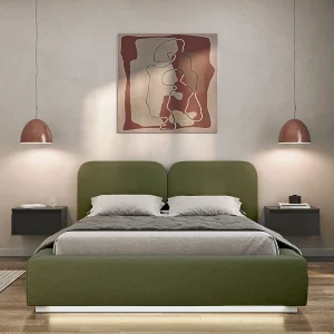 Gestoffeerd bed 140×200 met velours bekleding – LED, bedbox en lattenbodem – Olijfgroen – COMOVES Gestoffeerd bed 140×200 met velours bekleding – LED, bedbox en lattenbodem – Olijfgroen – COMOVES