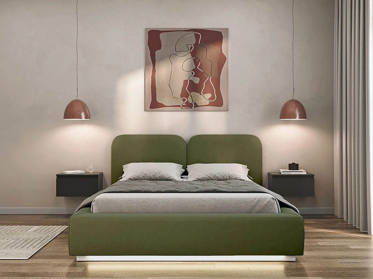 Gestoffeerd bed 140x200 met velours bekleding – LED, bedbox en lattenbodem – Olijfgroen – COMOVES