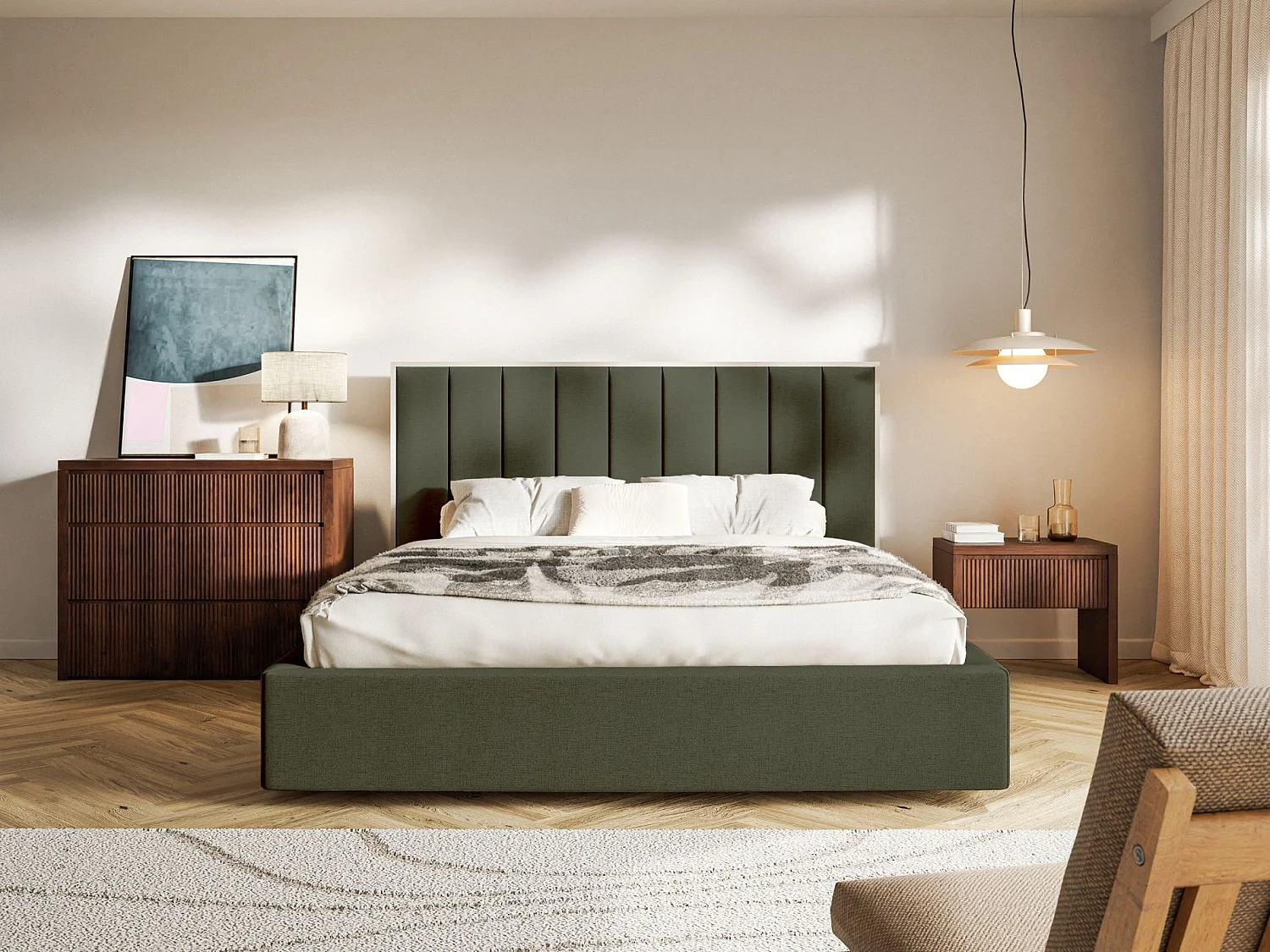 Gestoffeerd bed 160x200 - chenille en bedbox - donkergroen - TOGENTS