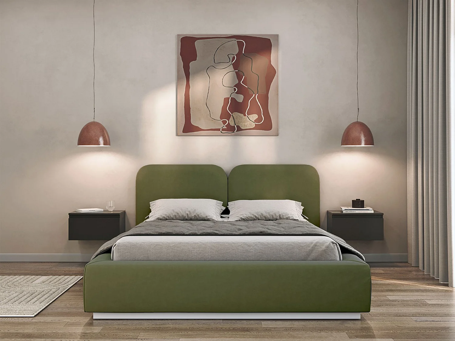 Gestoffeerd bed 140x200 met velours bekleding – Bedbox en lattenbodem – Olijfgroen – COMOVES