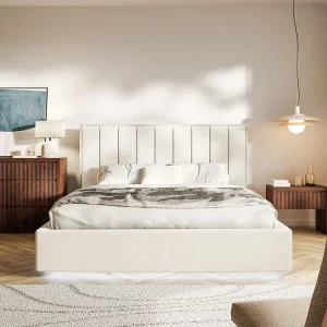 Gestoffeerd bed 160×200 – velours – bedbox en LED – crème – TOGENTS Gestoffeerd bed 160×200 – velours – bedbox en LED – crème – TOGENTS