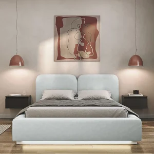 Gestoffeerd bed 160×200 met velours bekleding – LED, bedbox en lattenbodem – Lichtgrijs – COMOVES