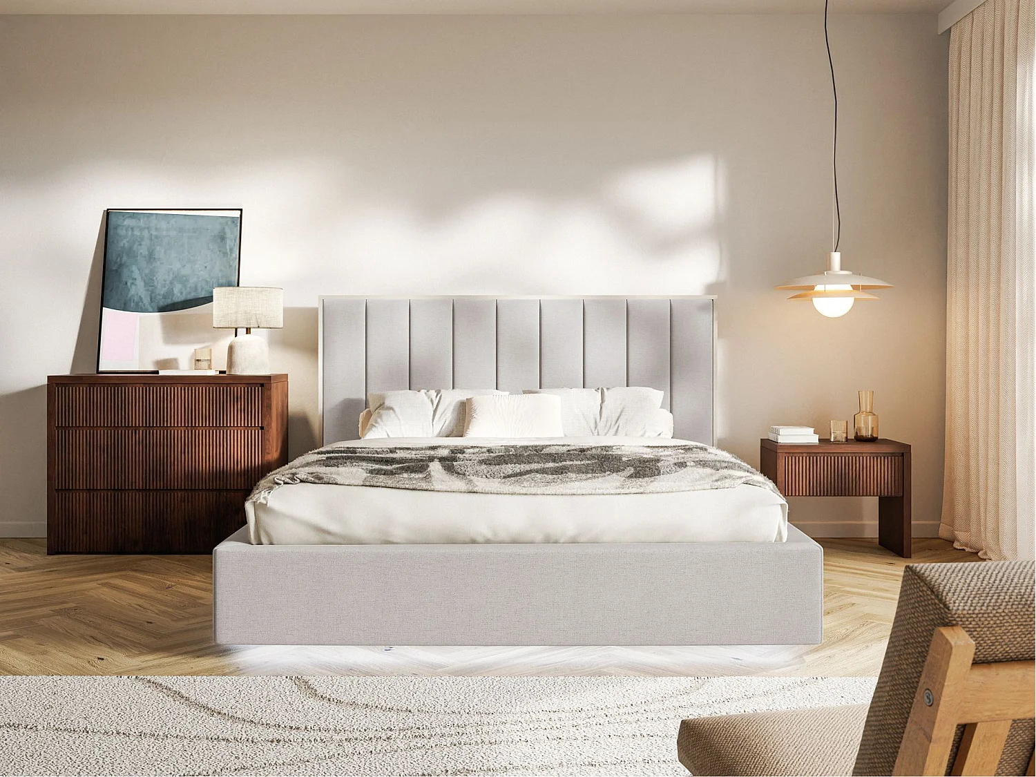 Gestoffeerd bed 160x200 - chenille - bedbox en LED - grijs - TOGENTS