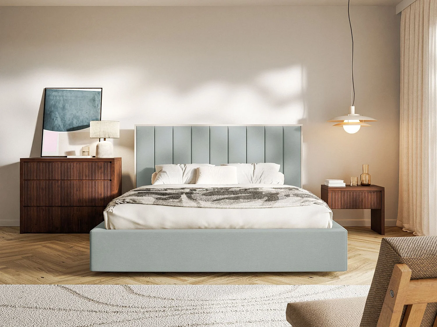 Gestoffeerd bed 140x200 - velours - saliegroen - TOGENTS