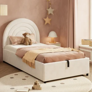 Gestoffeerd kinderbed – 90 x 200 cm – met hydraulische opbergruimte + hoofdeinde – fluweel – beige Gestoffeerd kinderbed – 90 x 200 cm – met hydraulische opbergruimte + hoofdeinde – fluweel – beige