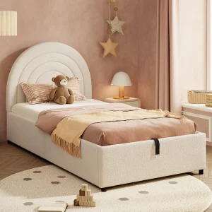 Gestoffeerd kinderbed – 90 x 200 cm – met hydraulische opbergruimte + hoofdeinde – fluweel – wit Gestoffeerd kinderbed – 90 x 200 cm – met hydraulische opbergruimte + hoofdeinde – fluweel – wit