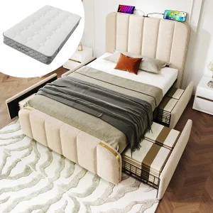Gestoffeerd opbergbed – 90 x 200 cm – gestoffeerd hoofdbord met USB Type-C – met 4 lades – linnen – beige – (met matras) Gestoffeerd opbergbed – 90 x 200 cm – gestoffeerd hoofdbord met USB Type-C – met 4 lades – linnen – beige – (met matras)