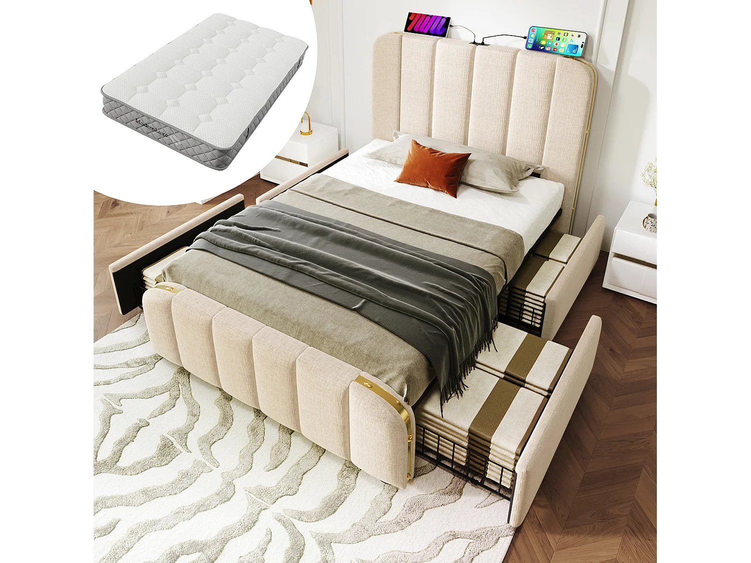 Gestoffeerd opbergbed - 90 x 200 cm - gestoffeerd hoofdbord met USB Type-C - met 4 lades - linnen - beige - (met matras)