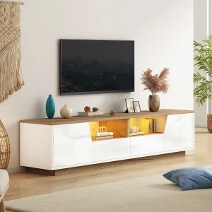 Glanzende tv-kast – 180 x 40 x 46 cm – met 2 lades + 2 deuren tv-kast + LED's – spaanplaat – wit Glanzende tv-kast – 180 x 40 x 46 cm – met 2 lades + 2 deuren tv-kast + LED's – spaanplaat – wit