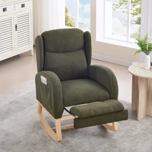 Groene schommelstoel met zijvakken, verstelbare voetensteun, houten frame 122,5x70x104cm Groene schommelstoel met zijvakken, verstelbare voetensteun, houten frame 122,5x70x104cm