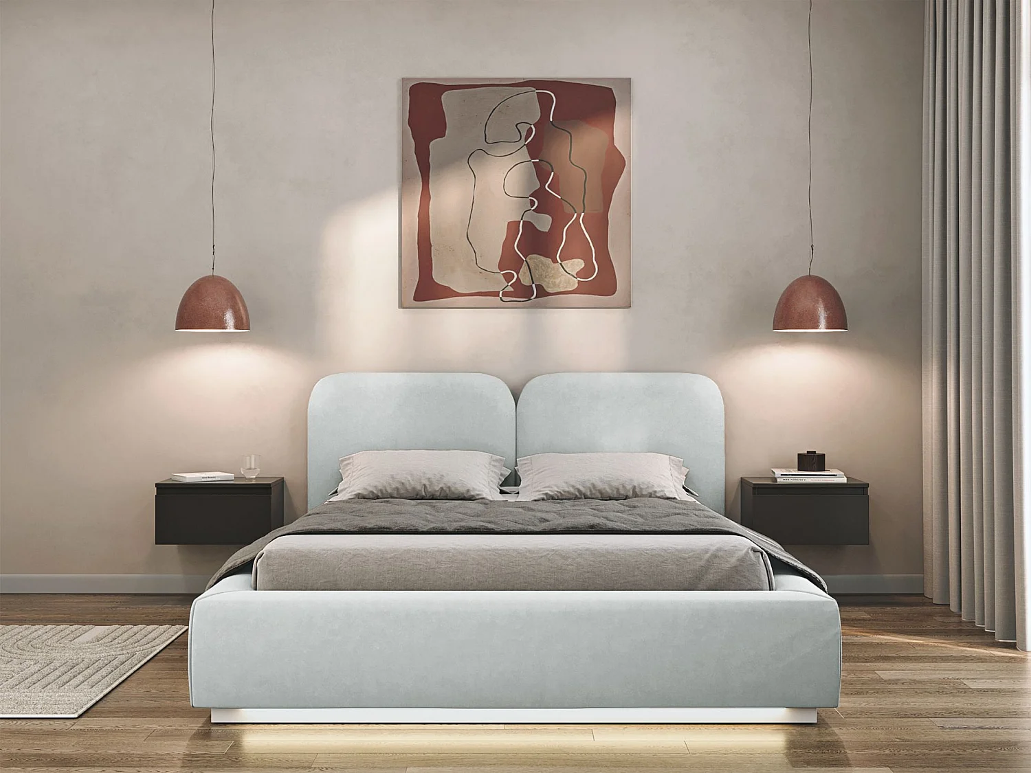 Gestoffeerd bed 140x200 met velours bekleding – LED – Lichtgrijs – COMOVES