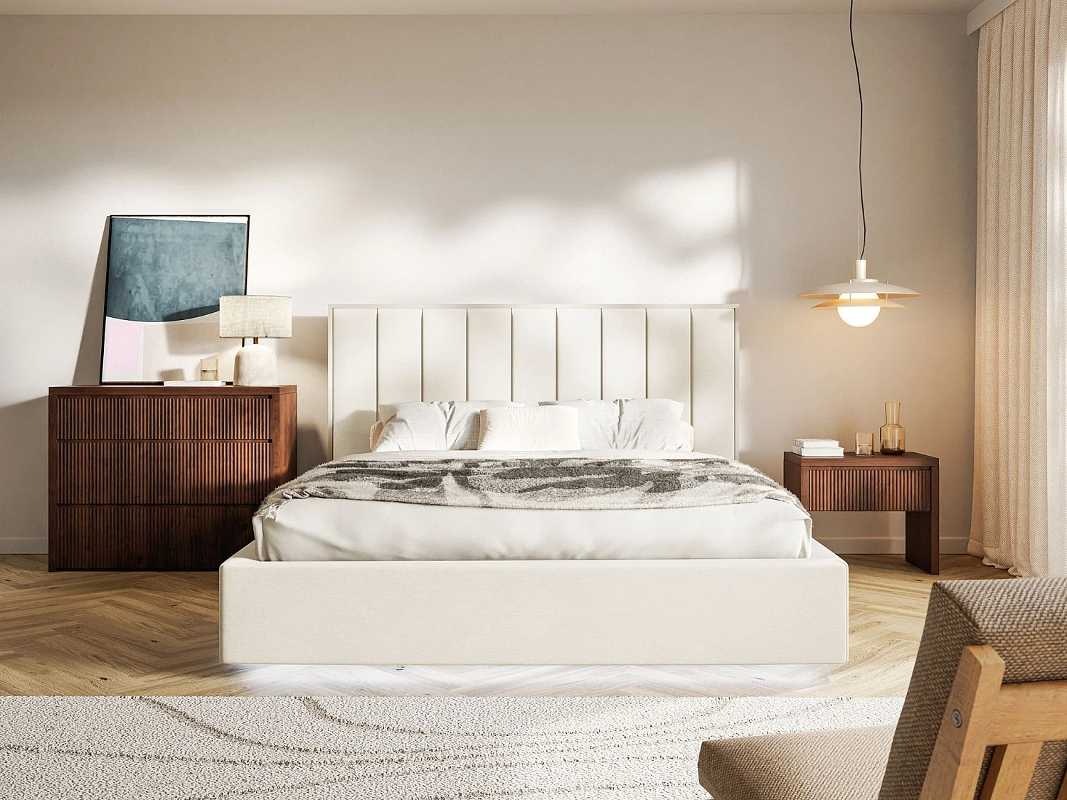 Gestoffeerd bed 140x200 - velours en LED - crème - TOGENTS