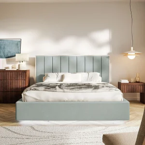Gestoffeerd bed 140×200 – velours en LED – saliegroen – TOGENTS Gestoffeerd bed 140×200 – velours en LED – saliegroen – TOGENTS