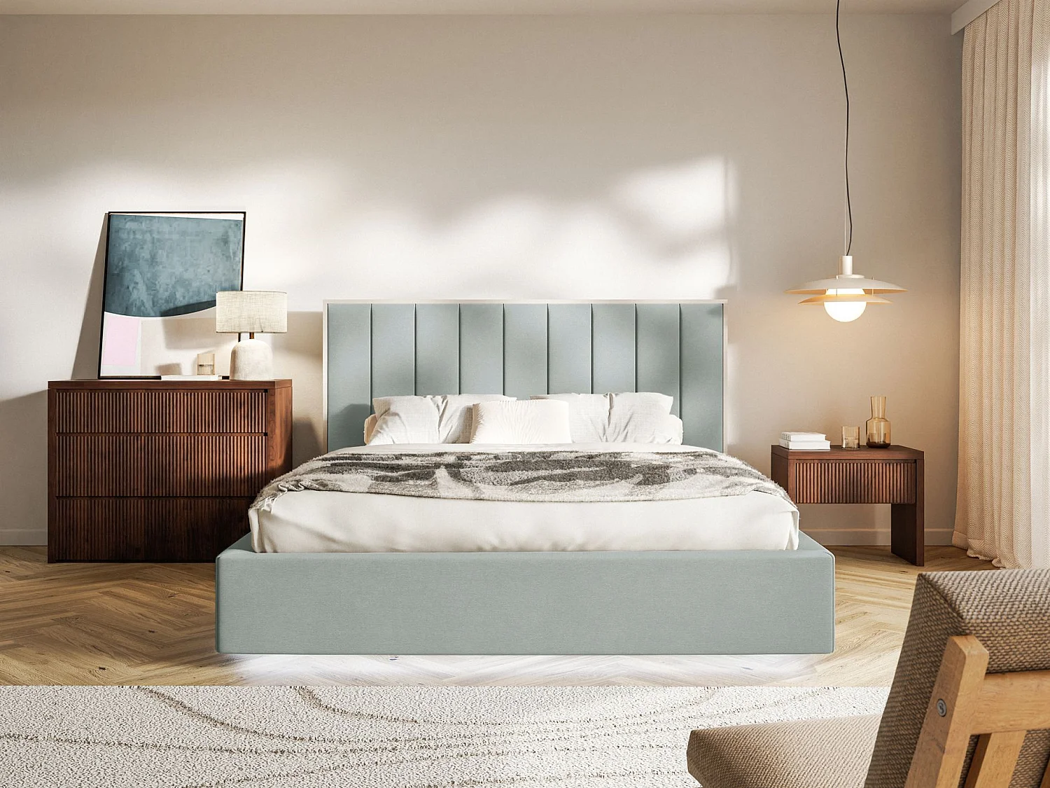 Gestoffeerd bed 140x200 - velours en LED - saliegroen - TOGENTS