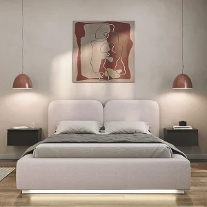 Gestoffeerd bed 160×200 met chenille bekleding – LED – Lichtbeige – COMOVES