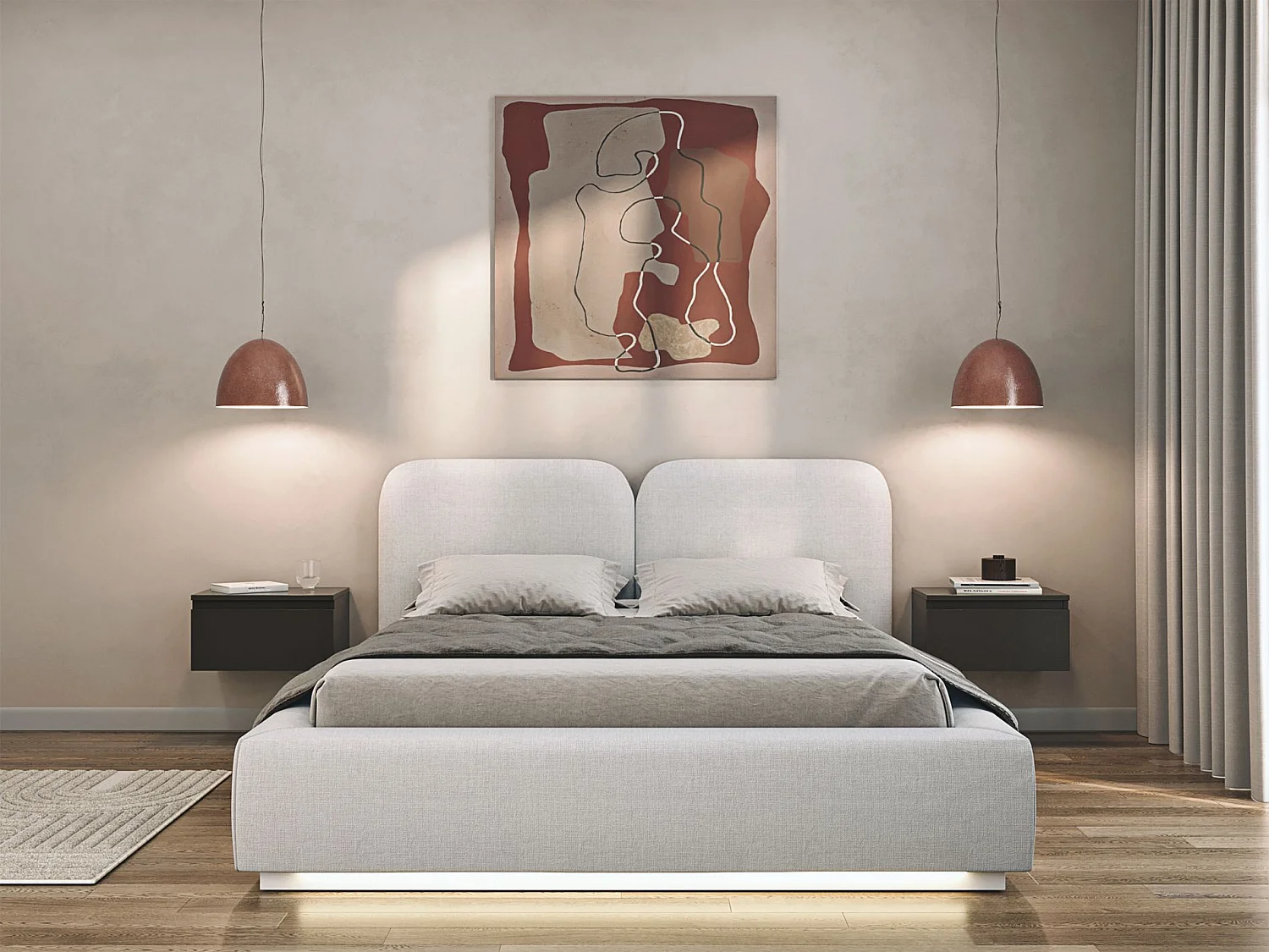 Gestoffeerd bed 140x200 met chenille bekleding – LED – Lichtgrijs – COMOVES