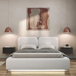 Gestoffeerd bed 160×200 met chenille bekleding – LED – Lichtgrijs – COMOVES