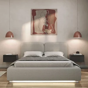 Gestoffeerd bed 140×200 met chenille bekleding – LED – Donkerbeige – COMOVES Gestoffeerd bed 140×200 met chenille bekleding – LED – Donkerbeige – COMOVES