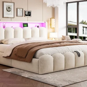 Gestoffeerd opbergbed 180×200 – Twee persoons – met USB + Type-C – met LED-verlichting – Fluweel – Beige (matras niet inbegrepen) Gestoffeerd opbergbed 180×200 – Twee persoons – met USB + Type-C – met LED-verlichting – Fluweel – Beige (matras niet inbegrepen)