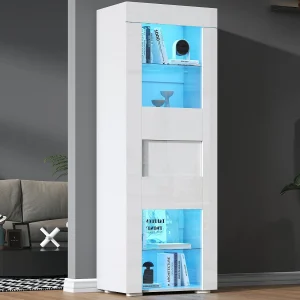Glanzende vitrine 60x40x170 cm – met LED-verlichting – 1 deur – Glazen planken – Wit Glanzende vitrine 60x40x170 cm – met LED-verlichting – 1 deur – Glazen planken – Wit