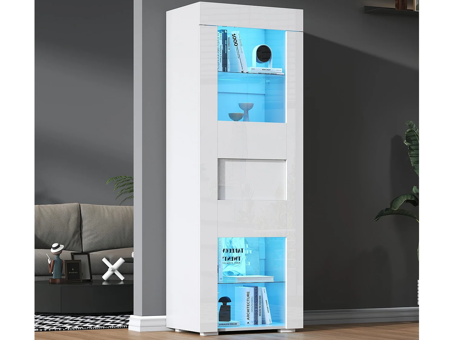Glanzende vitrine 60x40x170 cm - met LED-verlichting - 1 deur - Glazen planken - Wit