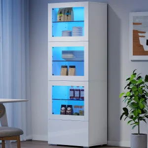 Glanzende vitrine 60x40x173 cm – met LED-verlichting – 3 deuren en 1 lade – Verstelbare planken – Wit Glanzende vitrine 60x40x173 cm – met LED-verlichting – 3 deuren en 1 lade – Verstelbare planken – Wit