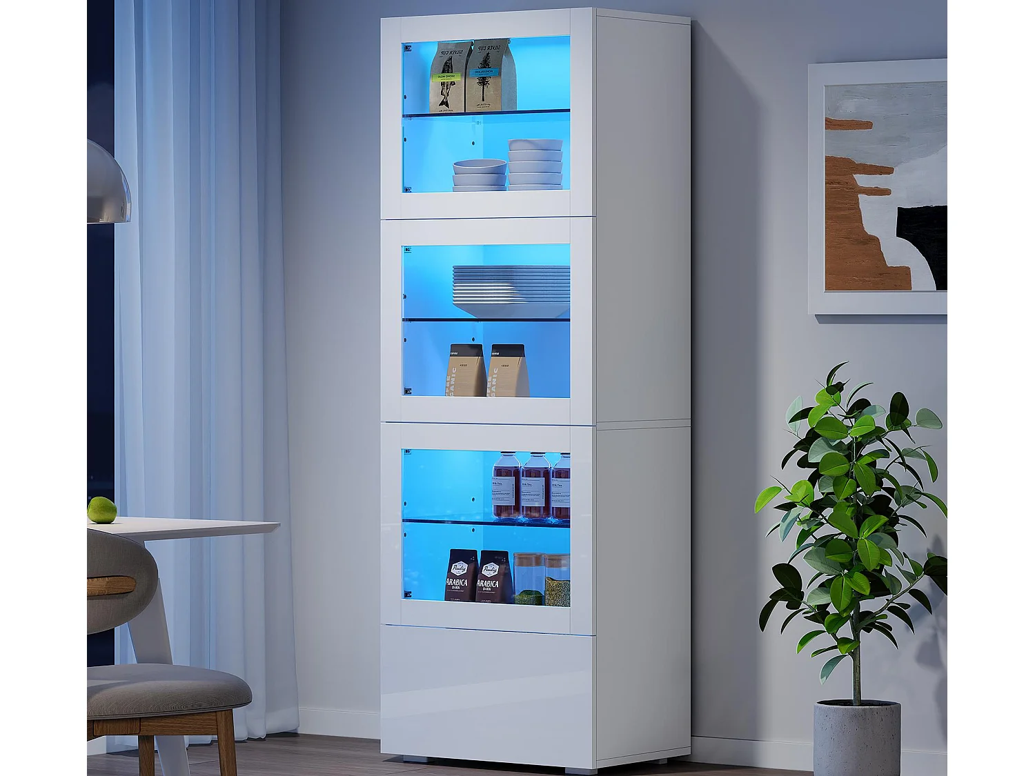 Glanzende vitrine 60x40x173 cm - met LED-verlichting - 3 deuren en 1 lade - Verstelbare planken - Wit