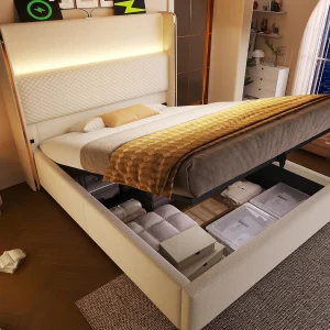 Gestoft opbergbed 90×200 cm – met LED-verlichting – met USB- en Type-C-poorten – Linnen stof – Beige (zonder matras) Gestoft opbergbed 90×200 cm – met LED-verlichting – met USB- en Type-C-poorten – Linnen stof – Beige (zonder matras)