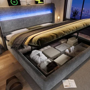 Gestoft opbergbed 160×200 cm – met LED-verlichting – met USB- en Type-C-poorten – Linnen stof – Grijs (zonder matras) Gestoft opbergbed 160×200 cm – met LED-verlichting – met USB- en Type-C-poorten – Linnen stof – Grijs (zonder matras)